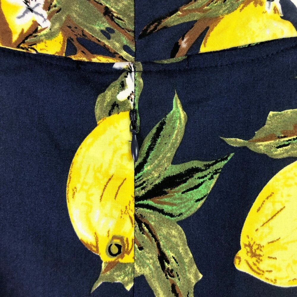 NWOT SUCREFAS Lemon Floral Navy Dress (M) Blue Retro Swing Fit & Flare - Picture 10 of 13